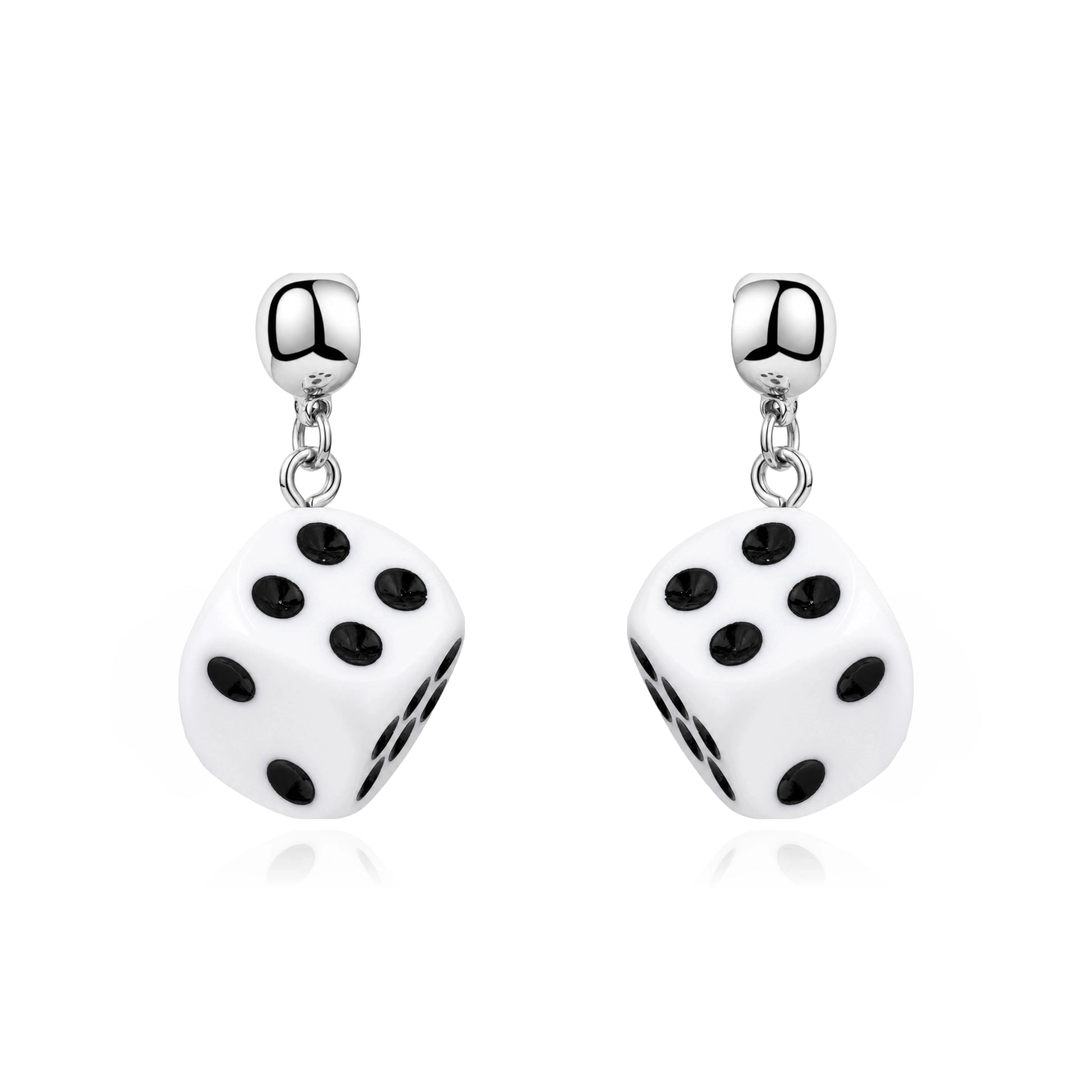 A pair of interchangeable magnetic silver dangling earrings featuring white dice charms with black printed dots, shown on a clean white background.