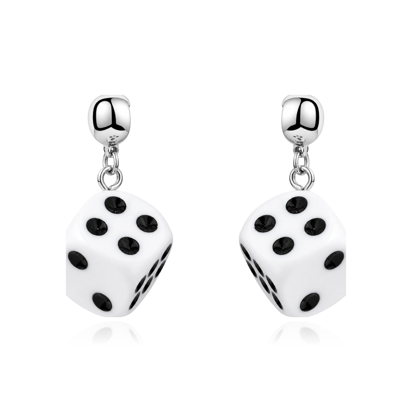 A pair of interchangeable magnetic silver dangling earrings featuring white dice charms with black printed dots, shown on a clean white background.