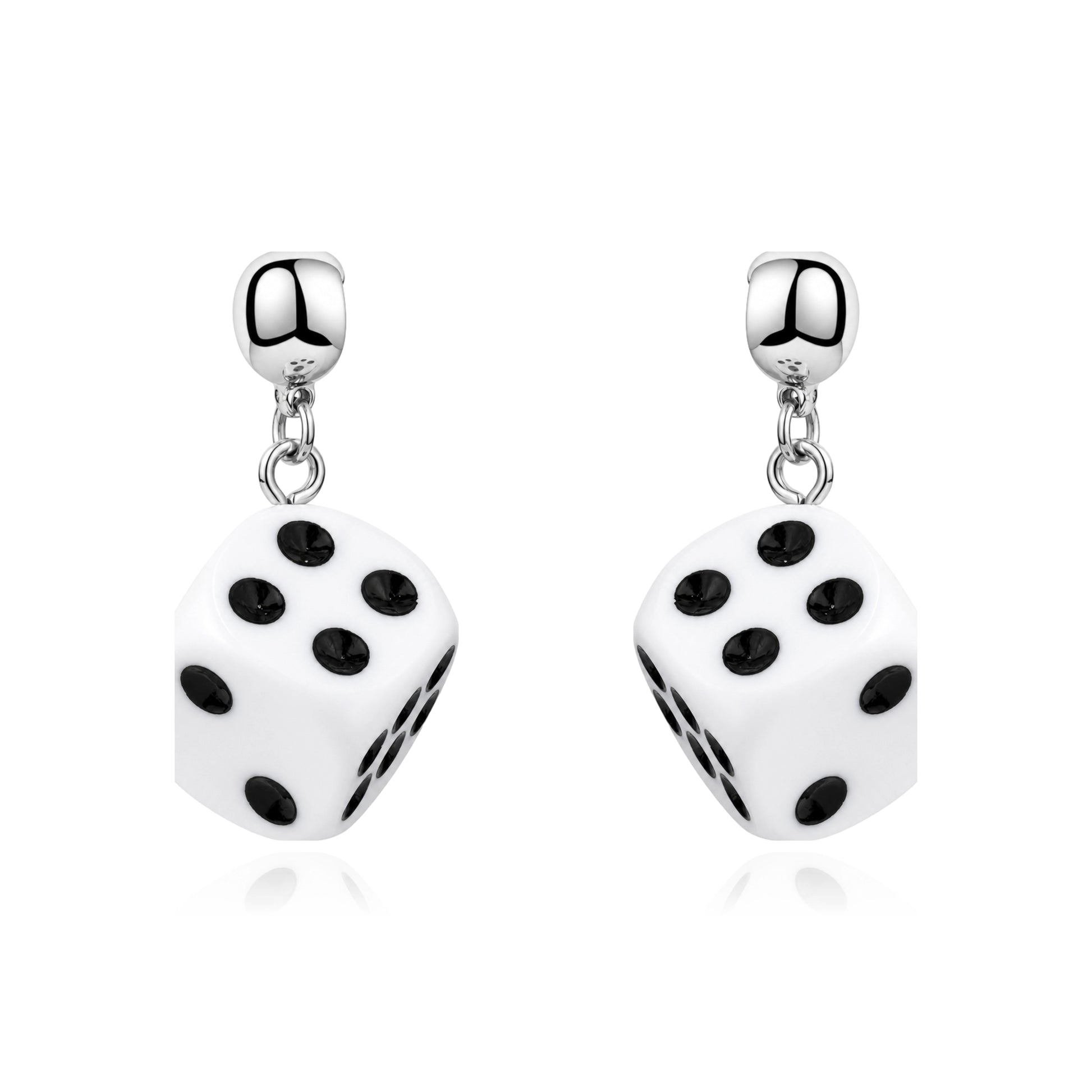 A pair of interchangeable magnetic silver dangling earrings featuring white dice charms with black printed dots, shown on a clean white background.