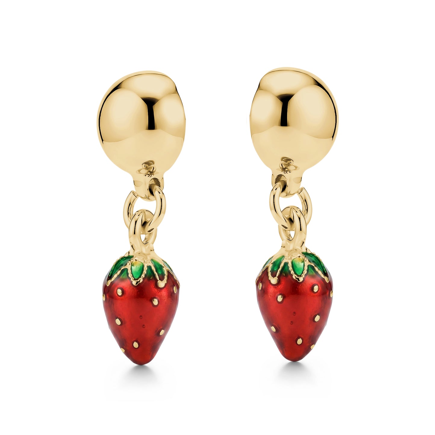 Mini red strawberry earrings with a titanium magnetic stud on a white background