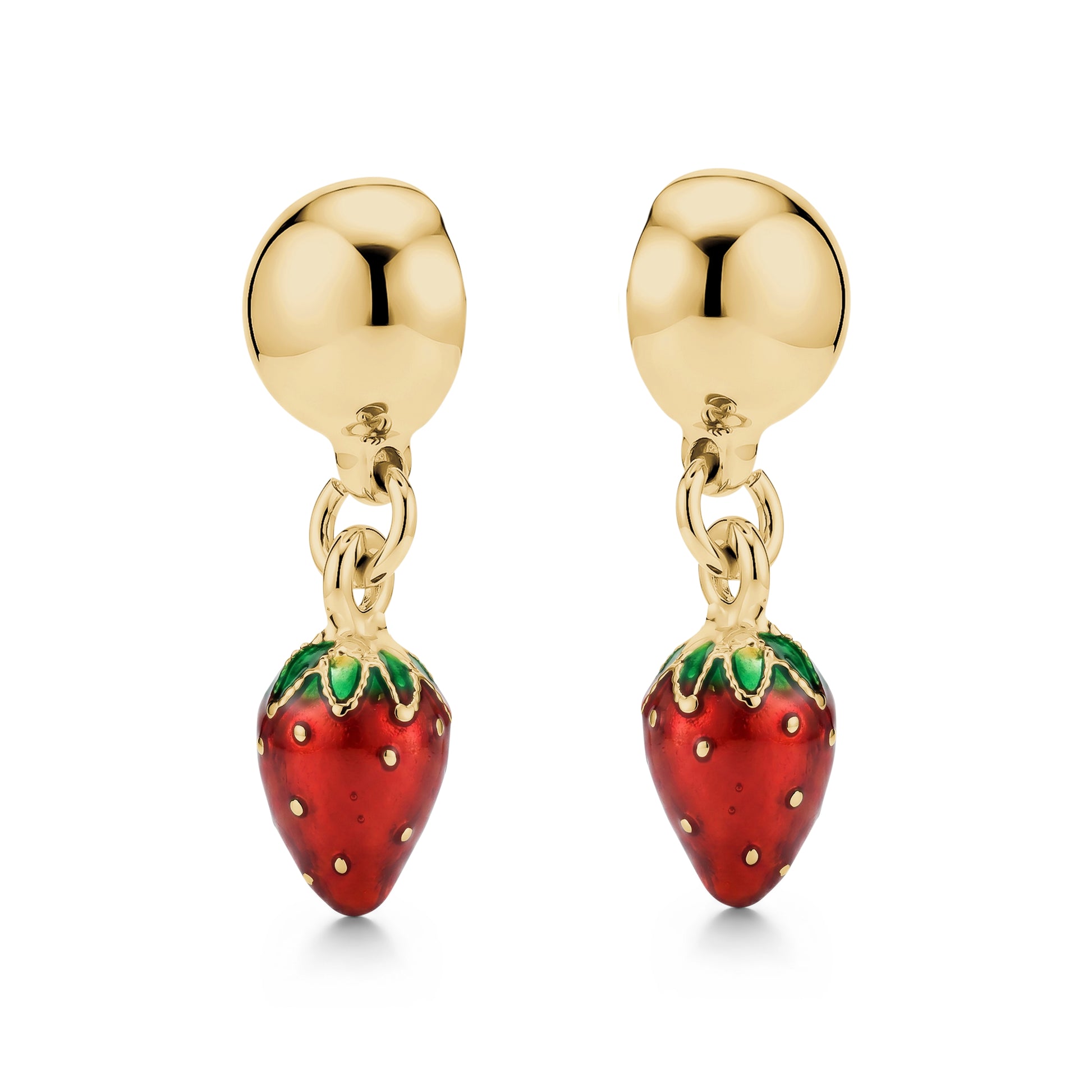 Mini red strawberry earrings with a titanium magnetic stud on a white background