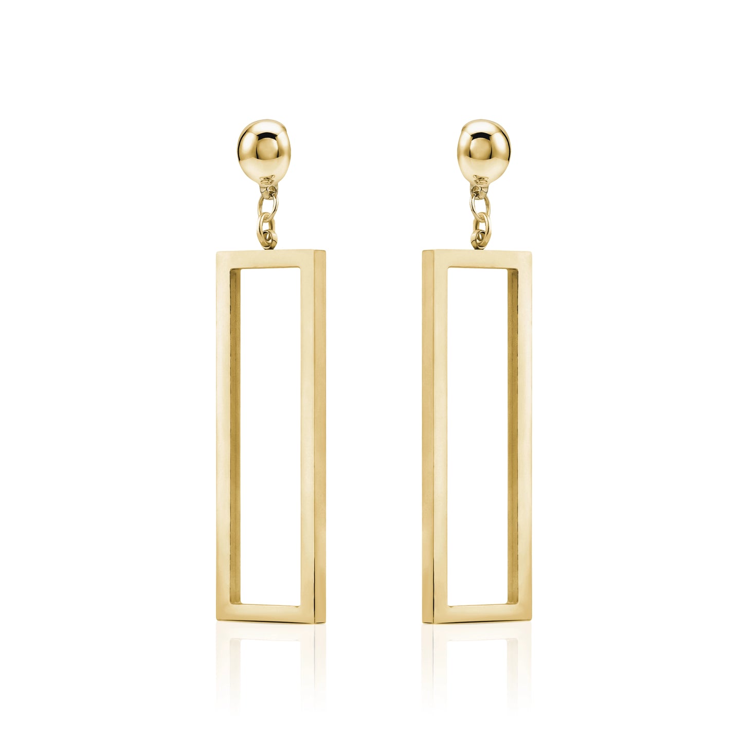 Rectangle mirrored gold earrings. Detachable earrings truly hypoallergenicy on a white background