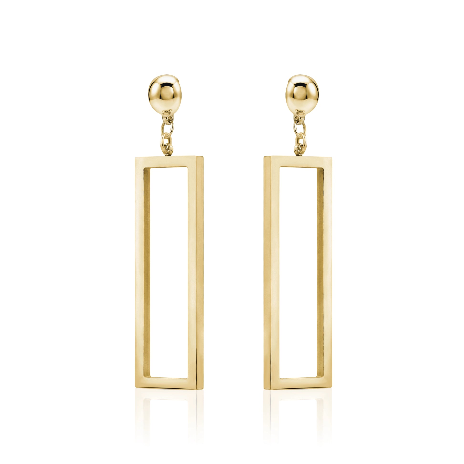 Rectangle mirrored gold earrings. Detachable earrings truly hypoallergenicy on a white background