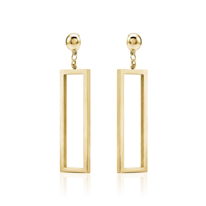 Rectangle mirrored gold earrings. Detachable earrings truly hypoallergenicy on a white background