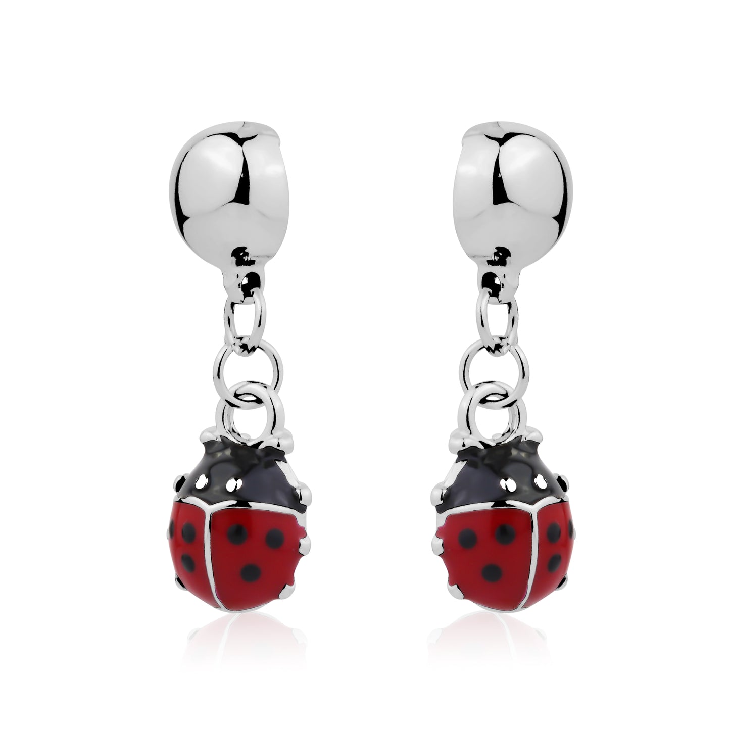 Silver earrings with red and black ladybug charms on a white background