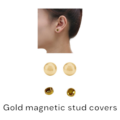 Gold Magnetic Stud covers. Detachable earrings for a truly hypoallergenic jewellery on a white young woman. on a white background
