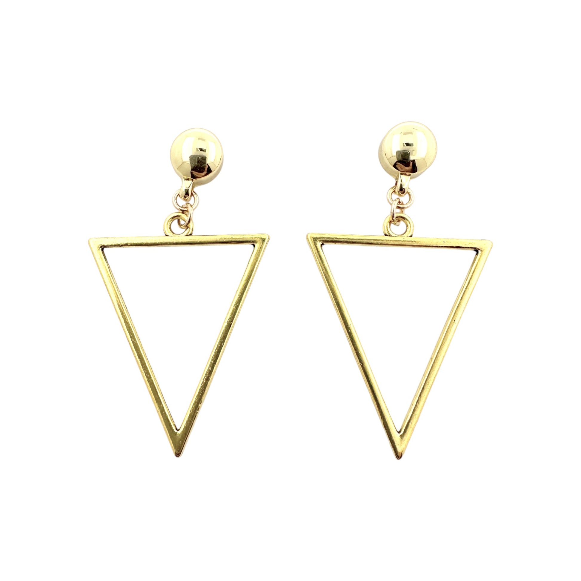 Geometric Gold Triangle earrings. Detachable earrings for a truly hypoallergenic jewellery on a white background