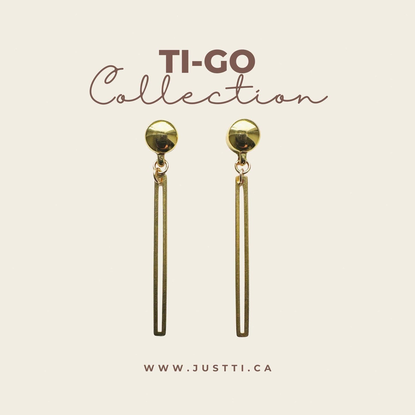 TI-GO Gold narrow rectangular loop earring. Detachable earrings for a truly hypoallergenic jewellery on a white background collection