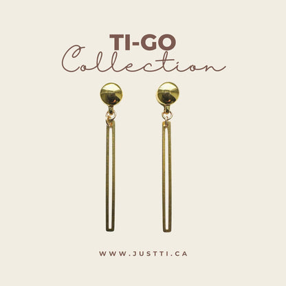 TI-GO Gold narrow rectangular loop earring. Detachable earrings for a truly hypoallergenic jewellery on a white background collection