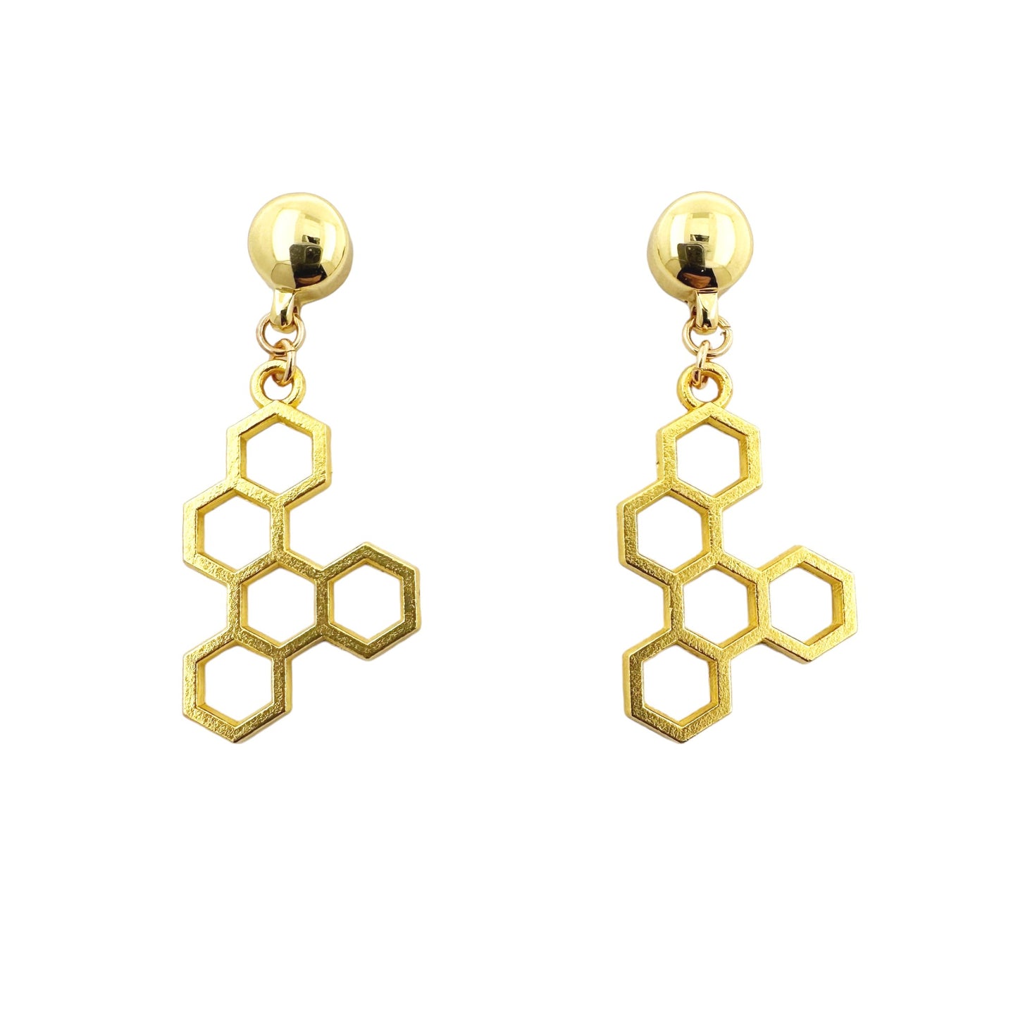 Honeycomb gold earring. Detachable earrings for a truly hypoallergenic jewellery on a white background