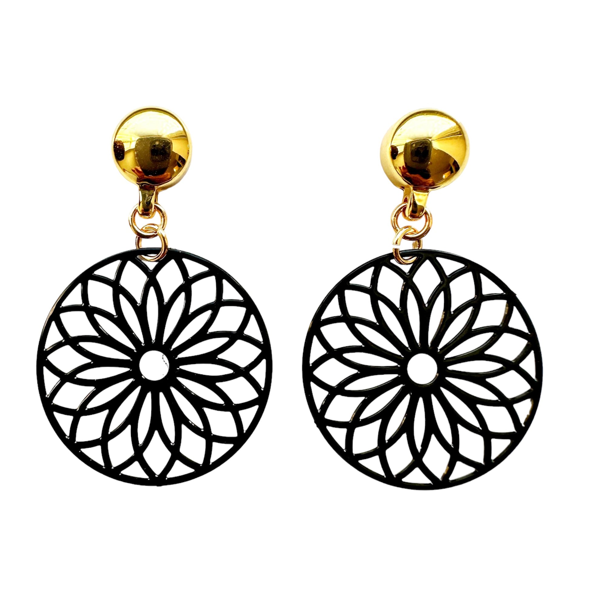 TI-GO Black Flower Wheel Earrings. Magnetic titanium interchangeable earring system. Detachable earrings for a truly hypoallergenic jewellery on a white background