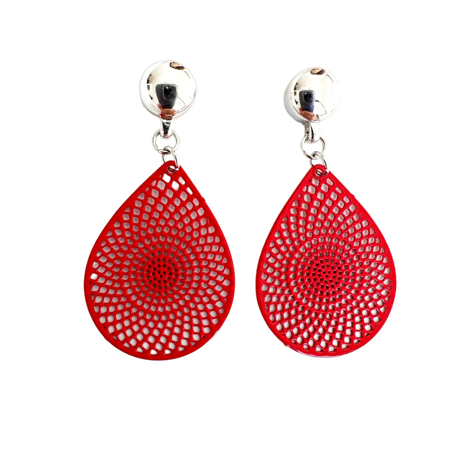 TI-GO Black/Red/White teardrop earrings. Magnetic titanium interchangeable earring system. Detachable earrings for a truly hypoallergenic jewellery on a white background. red