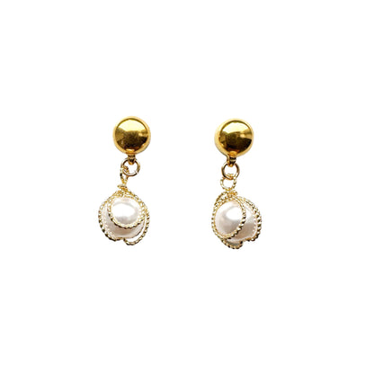 Gold caged pearl earring. Detachable earrings for a truly hypoallergenic jewellery on a white background