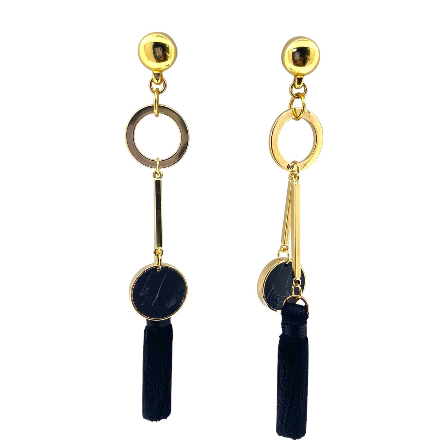 Interchangeable Gold ring, bar, black and a hanging tussle earring.. Detachable earrings for a truly hypoallergenic jewellery on a white background