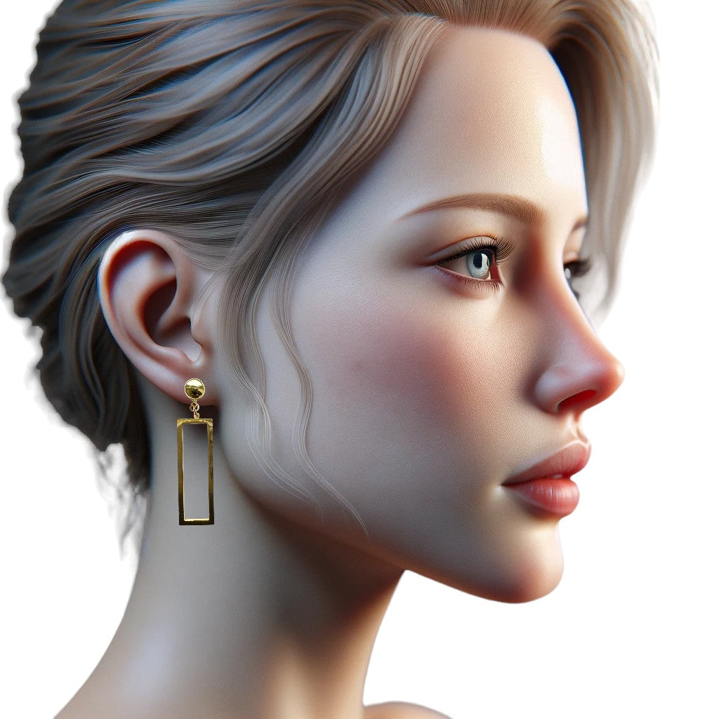 TI-GO Rectangle mirrored gold earrings. Detachable earrings for a truly hypoallergenic jewellery on a white young woman.