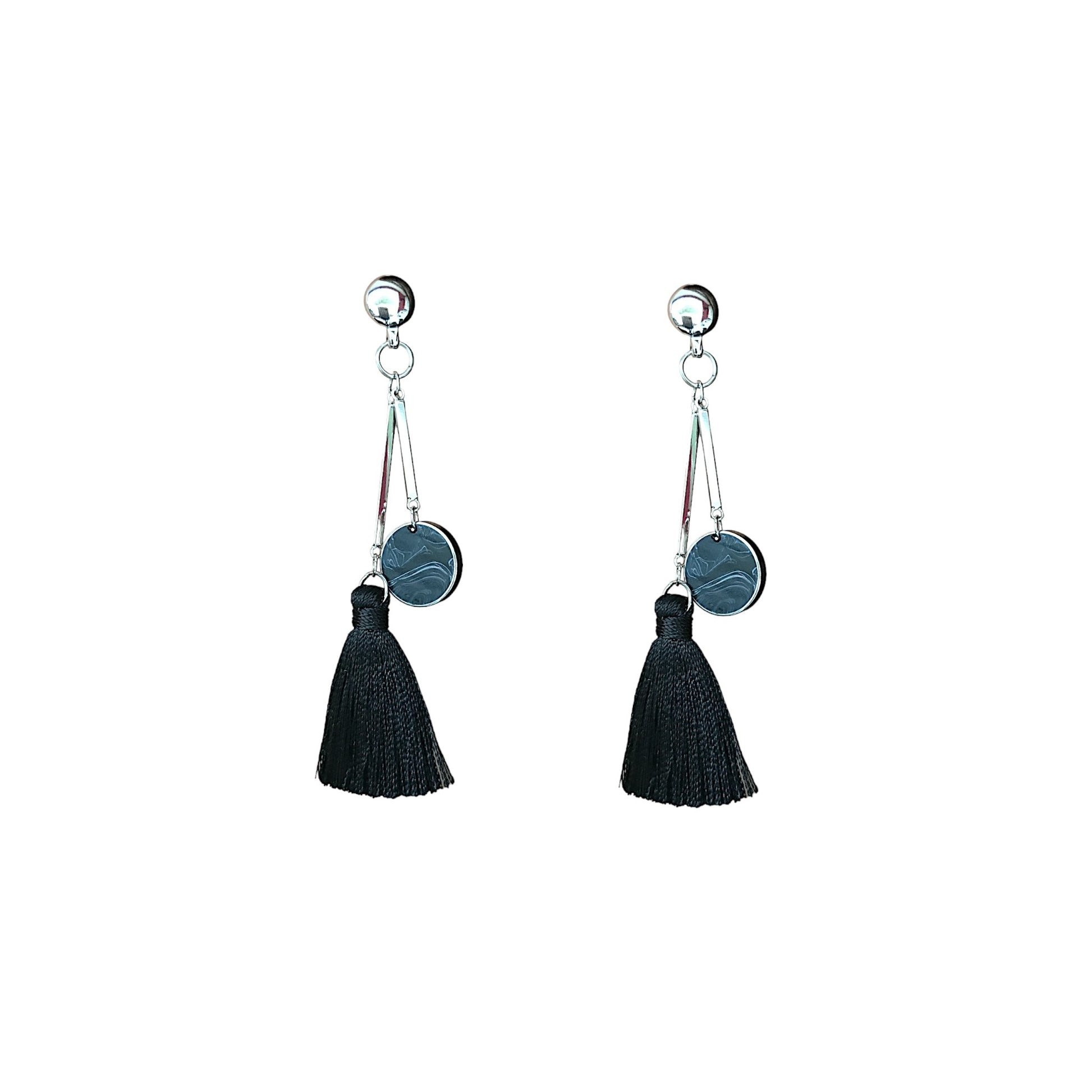 Silver with black tassel and disc earring. Detachable earrings for a truly hypoallergenic jewellery on a white background