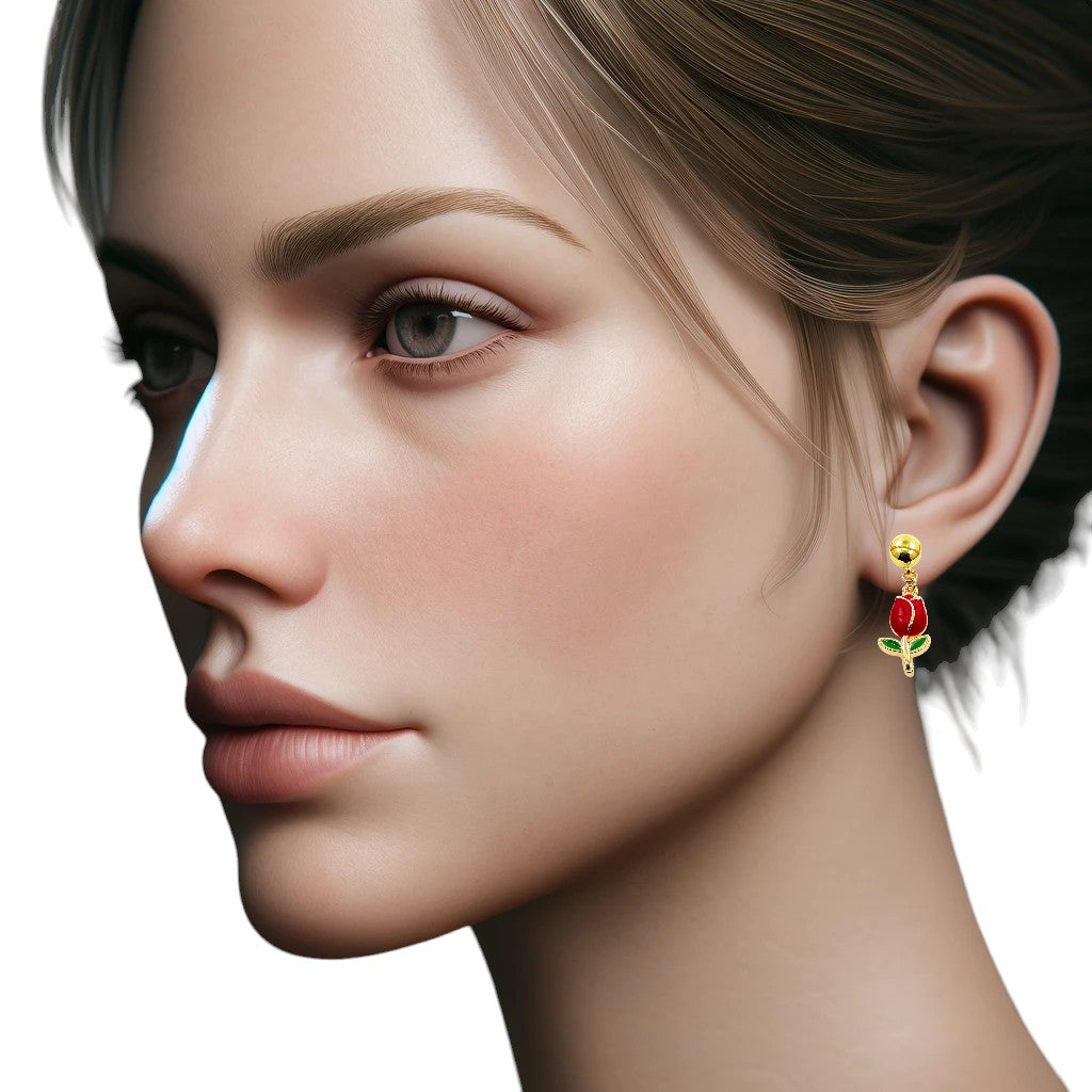 Ti-Go Tulip earrings. Detachable earrings for a truly hypoallergenic jewellery on a white young woman.