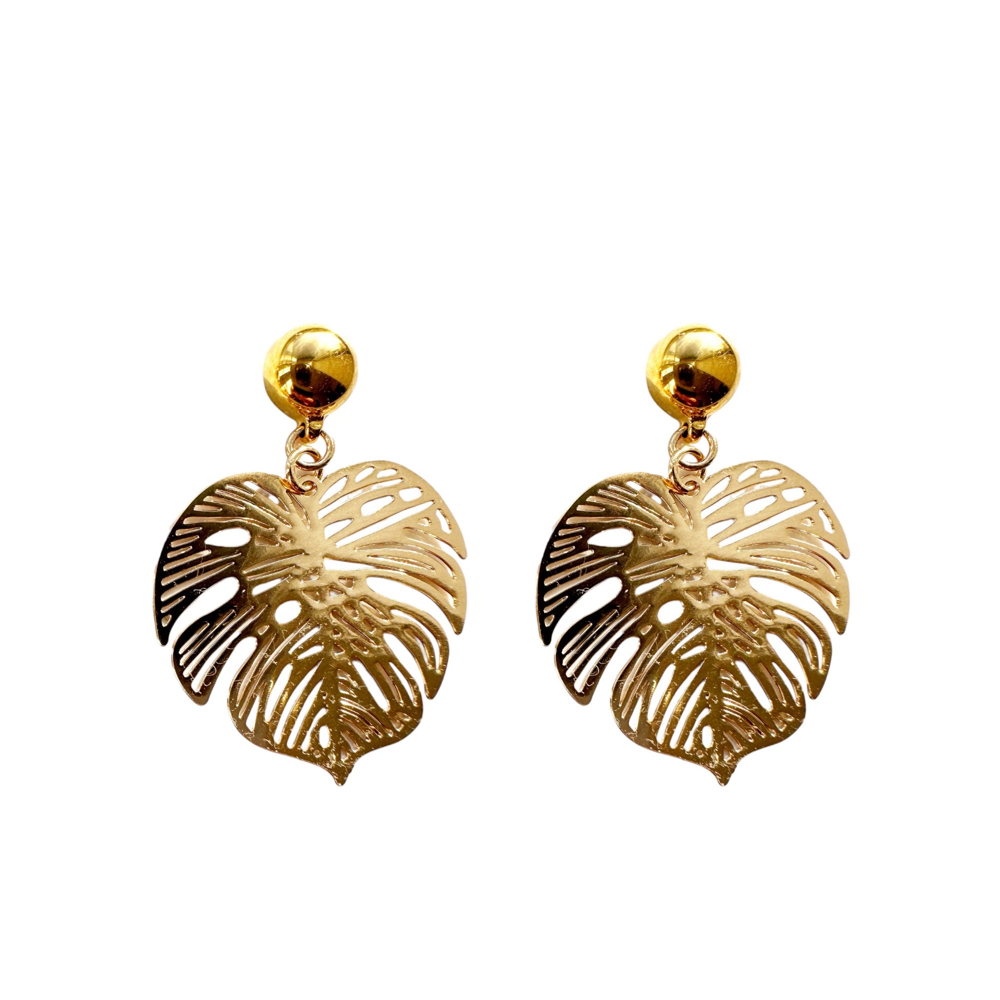 Large Monstera Leaf Earrings. Detachable earrings for a truly hypoallergenic jewellery on a white background