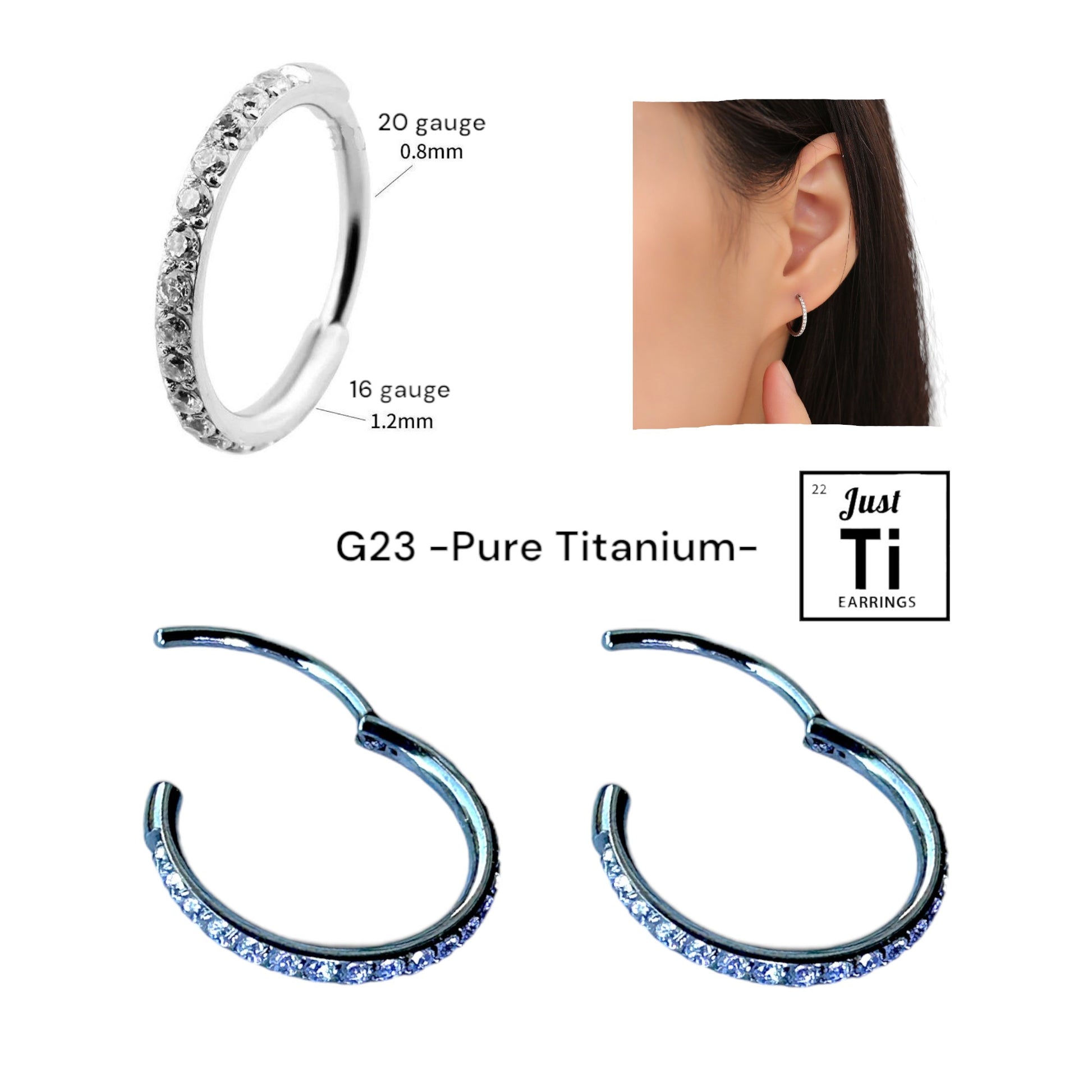 JUST-Ti G23 Pure Titanium Diamond Gem Hoop Earrings 11mm Hypoallergenic for Sensitive Ears 