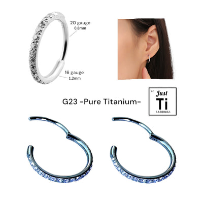 JUST-Ti G23 Pure Titanium Diamond Gem Hoop Earrings 11mm Hypoallergenic for Sensitive Ears 