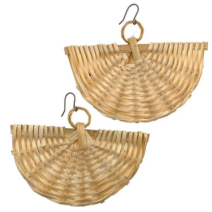 Large Fan bohemia style rattan earrings with a titanium hook on a white background