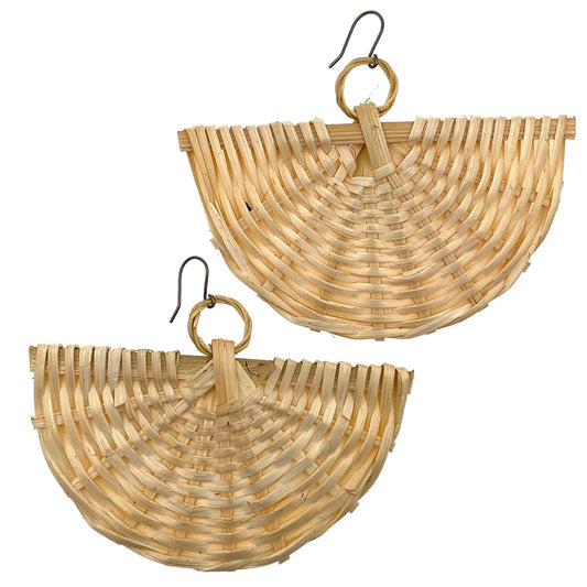 Large Fan bohemia style rattan earrings with a titanium hook on a white background