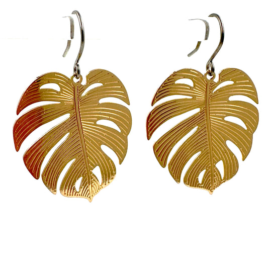 Large Leaf Earrings with a titanium hook on a white background