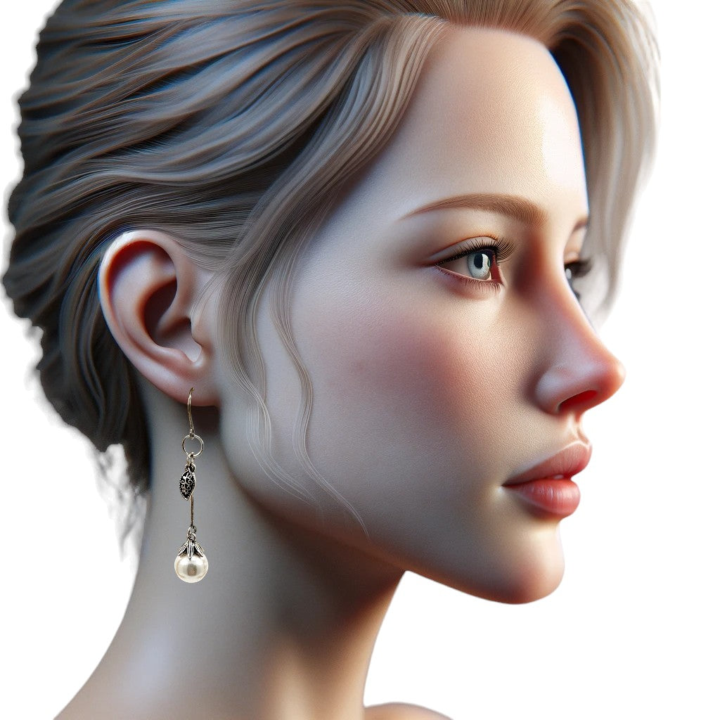 Leaf and Pearl Earrings with a titanium hook on a white young woman.