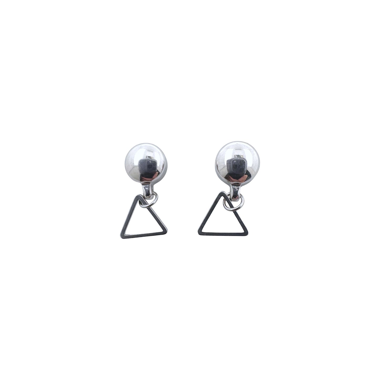 Triangle silver minimal earrings. Detachable earrings for a truly hypoallergenic jewellery on a white background