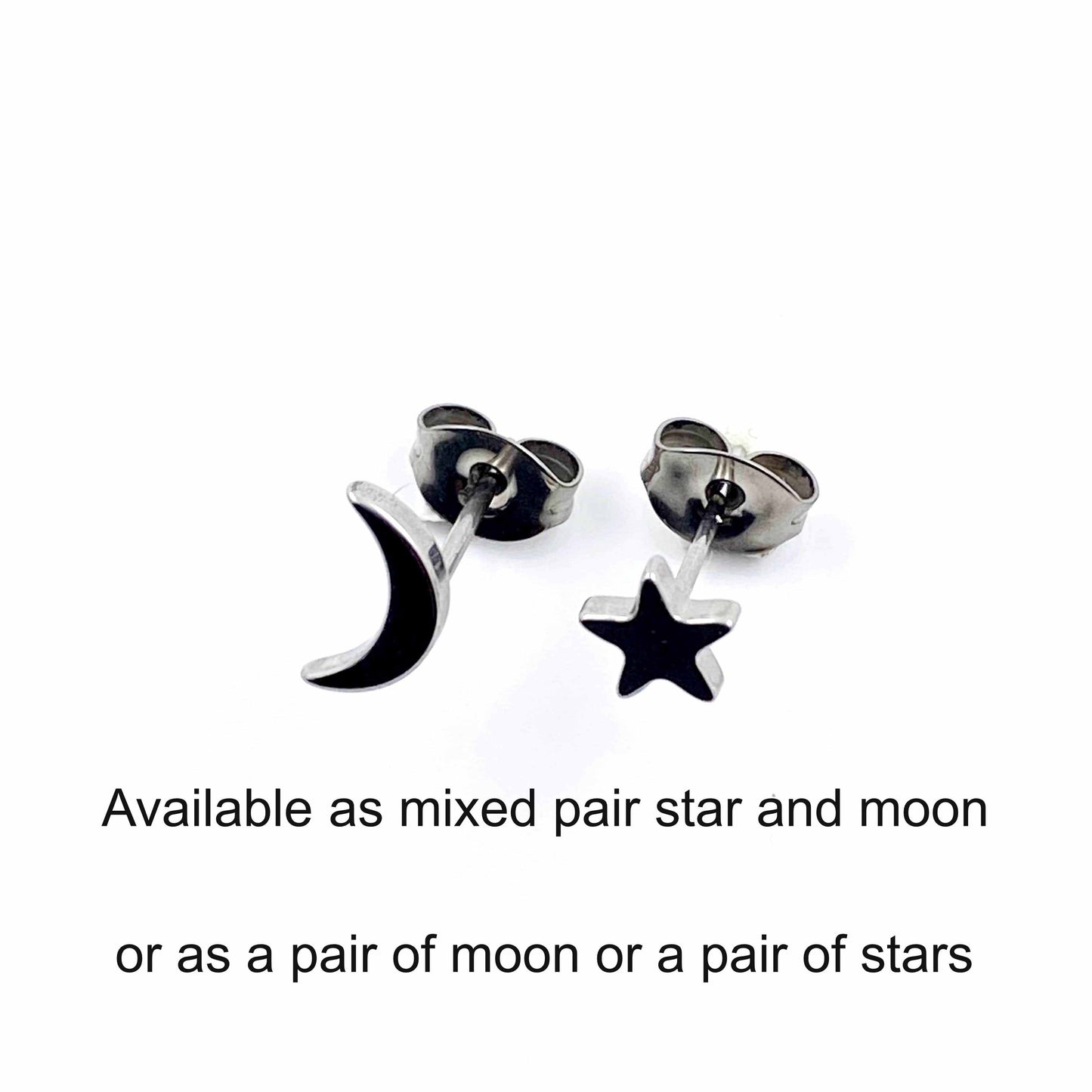 Moon & Star Studs. Titanium Studs with titanium backs. These studs shown on a white background. lettering