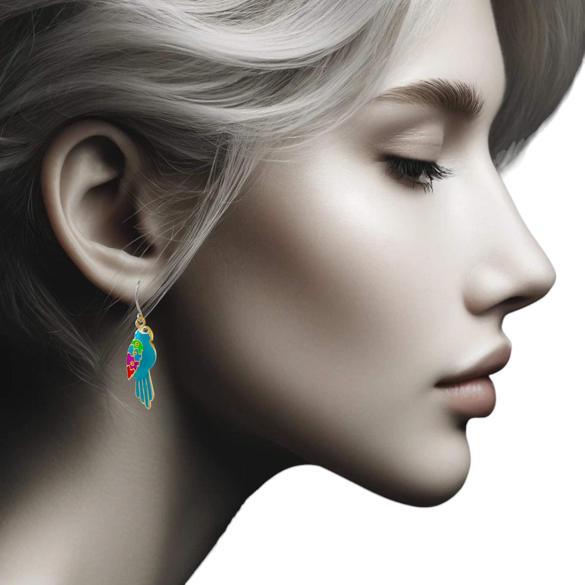 Bird of Paradise Earrings with titanium hook on a white young woman.