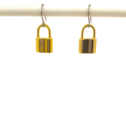 Gold Padlock Earrings with a titanium hook on a white background