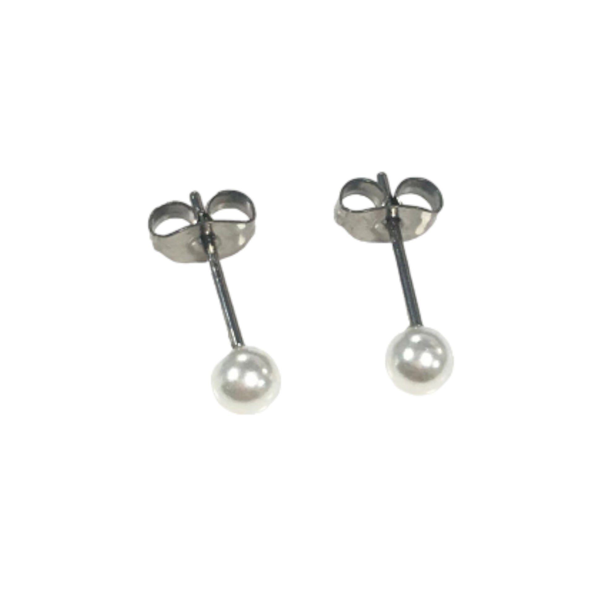 Pearl Studs 4mm -solid titanium studs and backs- Feature a small and minimal design on a white background