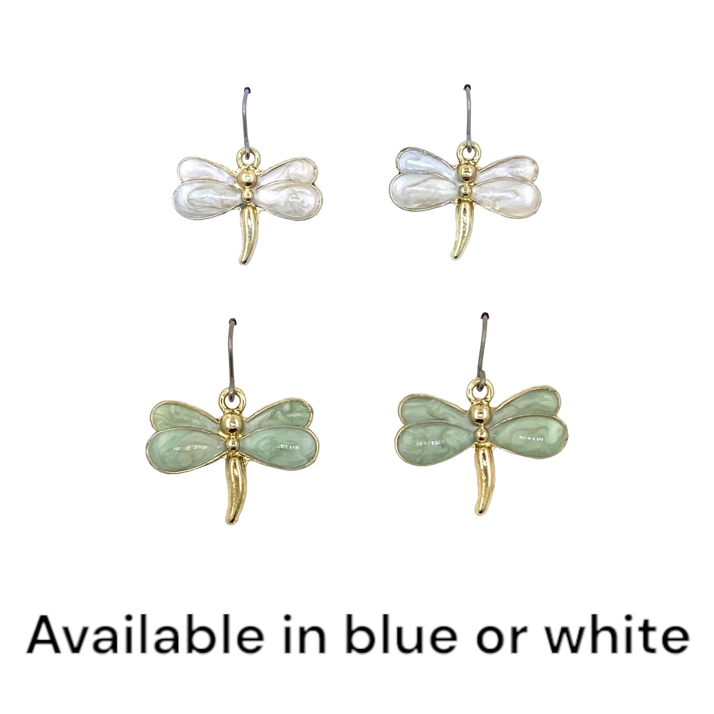 Pearly Dragonfly earrings with a titanium hook on a white background background