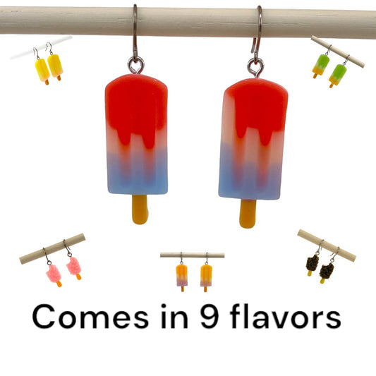 Popsicle earrings with a titanium hook on a white background.  9 flavors