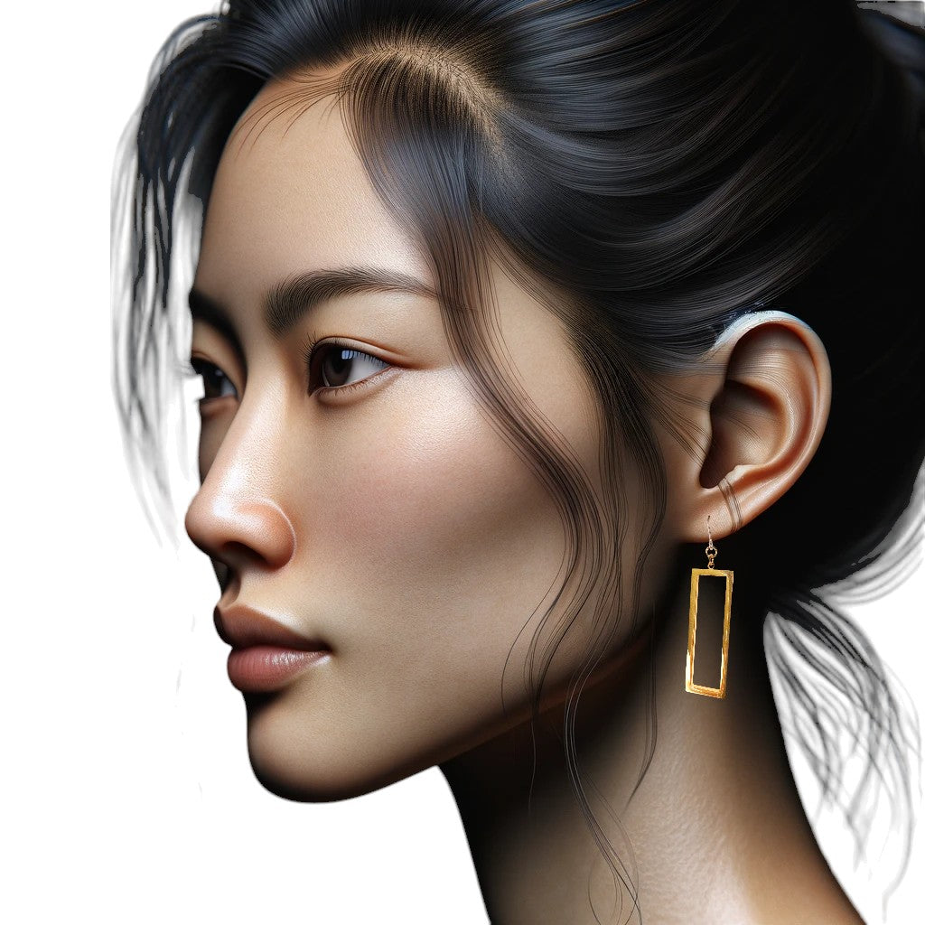 Rectangle mirrored gold earrings with a titanium hook on a white young woman.