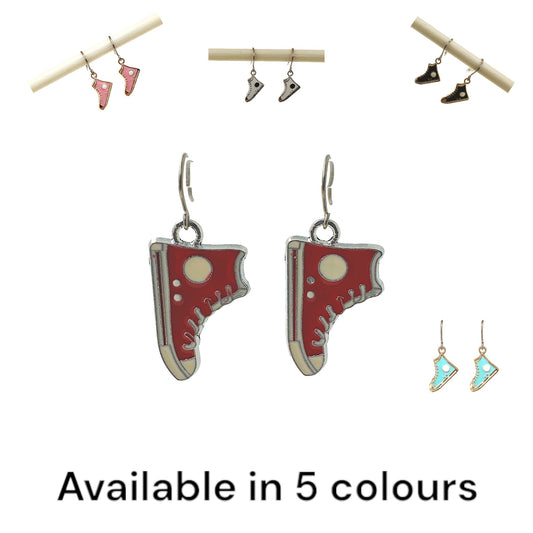 Running Shoe Charm Drop Earrings with a titanium hook on a white background . 5 colours