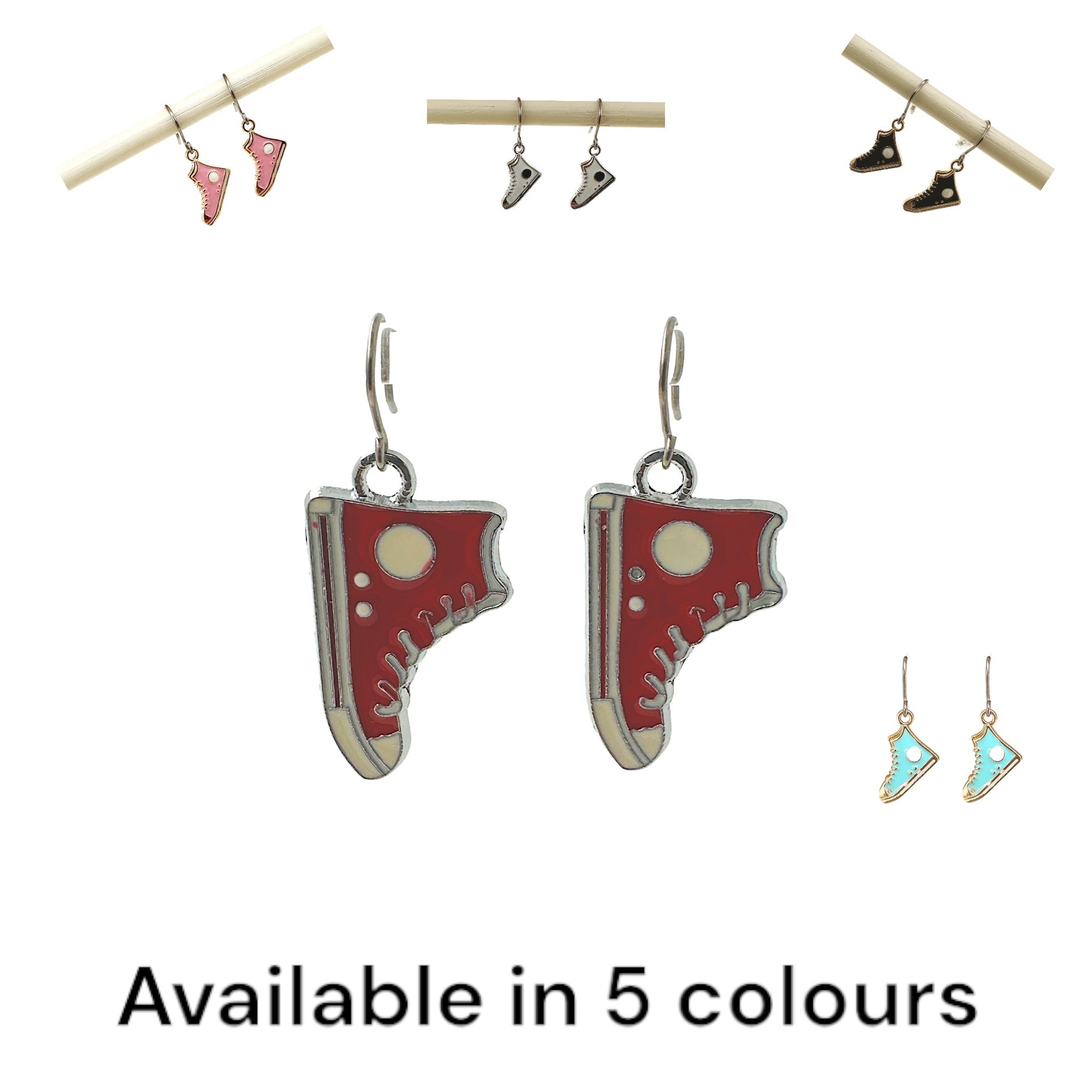 Running Shoe Charm Drop Earrings with a titanium hook on a white background . 5 colours