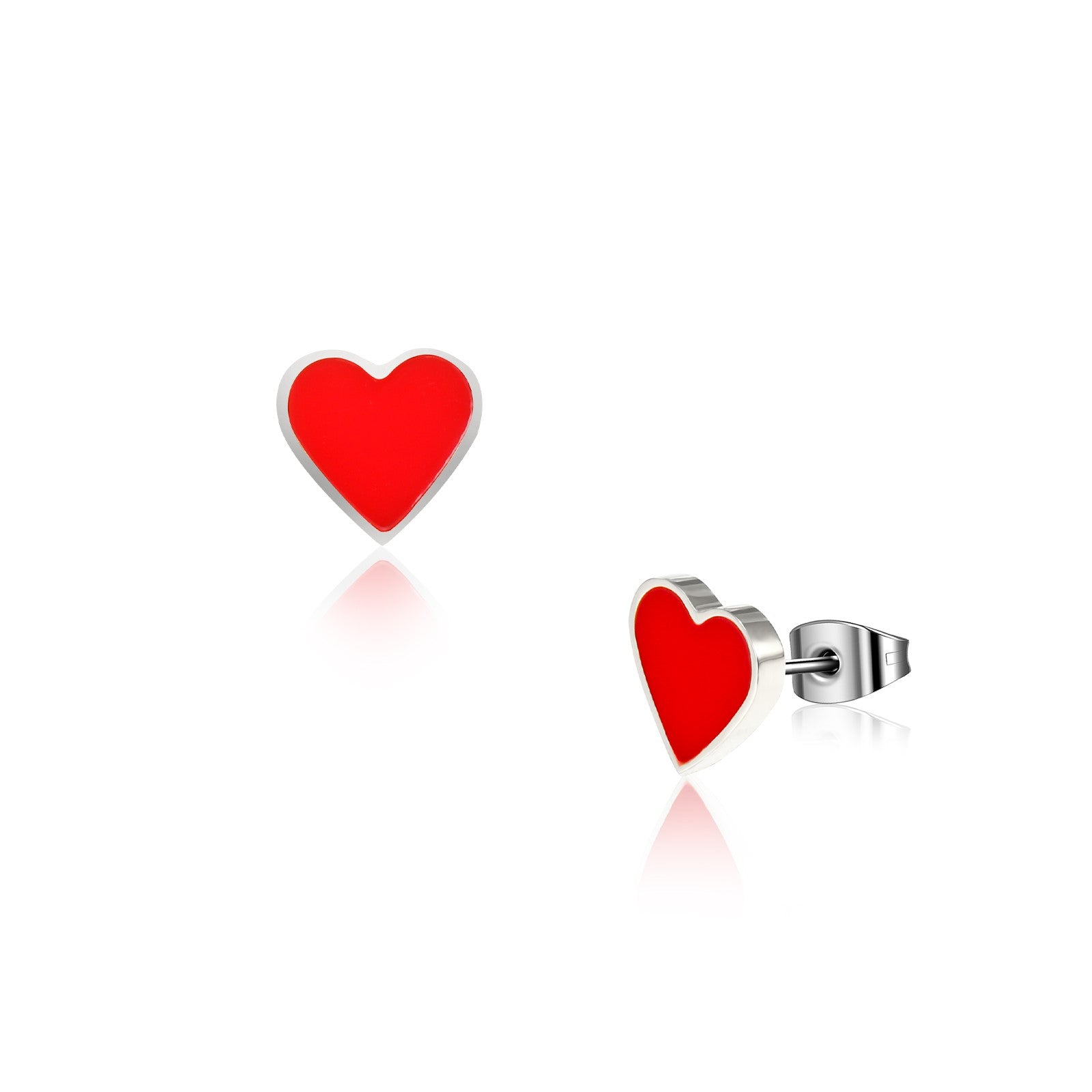 Red heart studs -solid titanium studs and backs- Feature a small and minimal design on a white background
