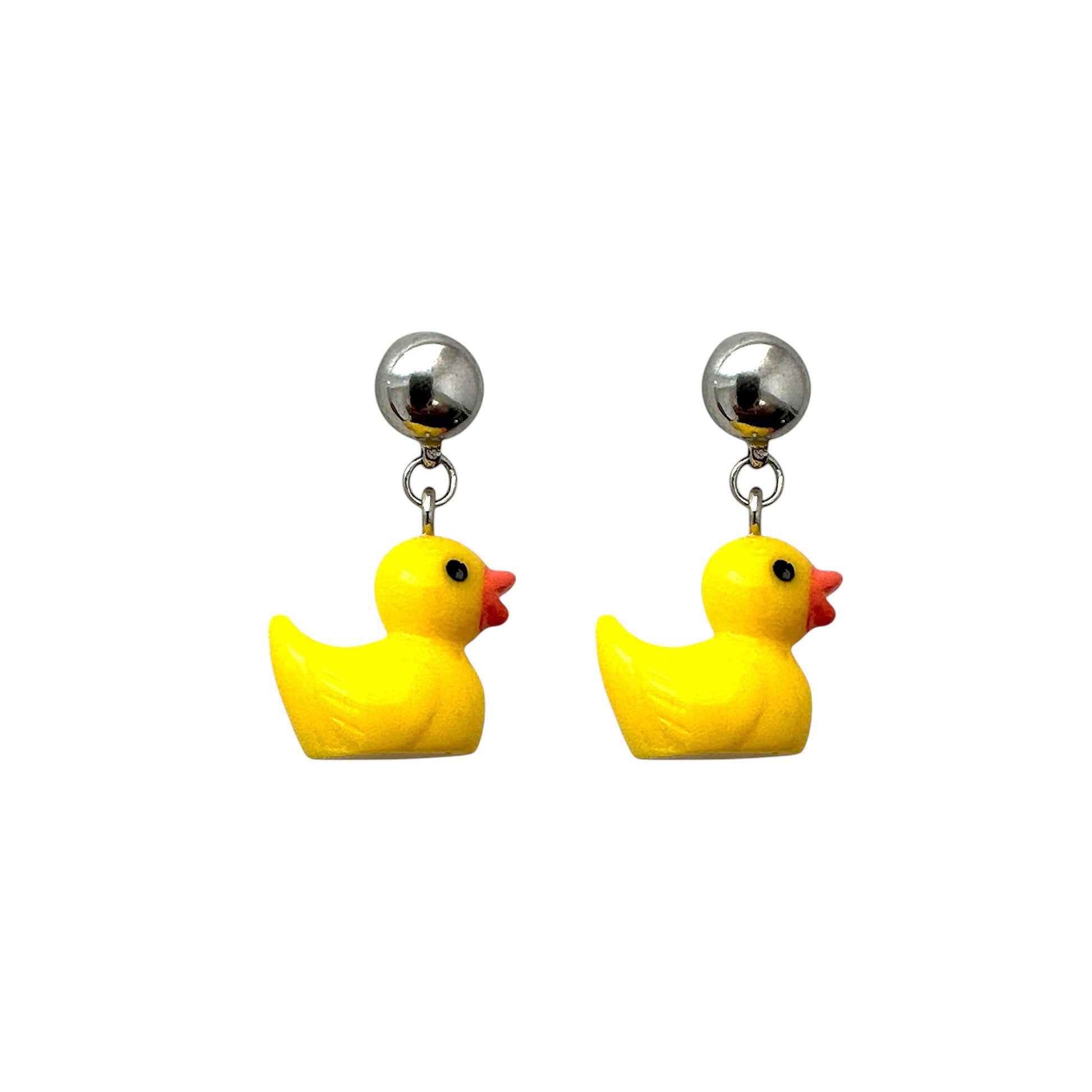 Rubber ducky earrings with a titanium magnetic stud on a white background