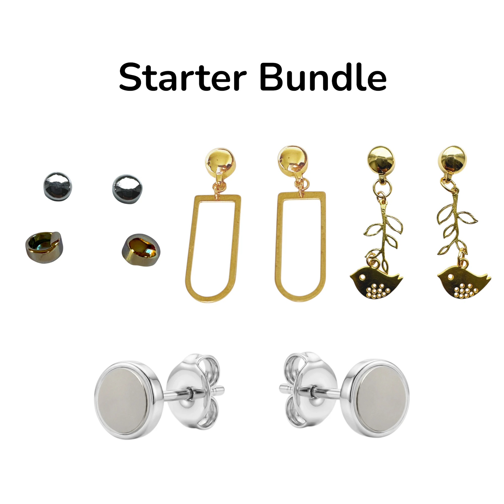 Titanium TI-GO Magnetic Stud Base interchangeable earring system starter bundle with various earrings on a white background
