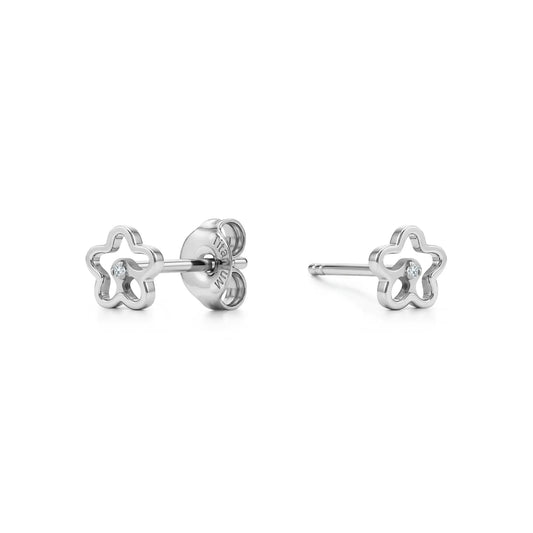 Flower stud titanium earrings studs with backs adjustable fit minimal studs shown on a white background