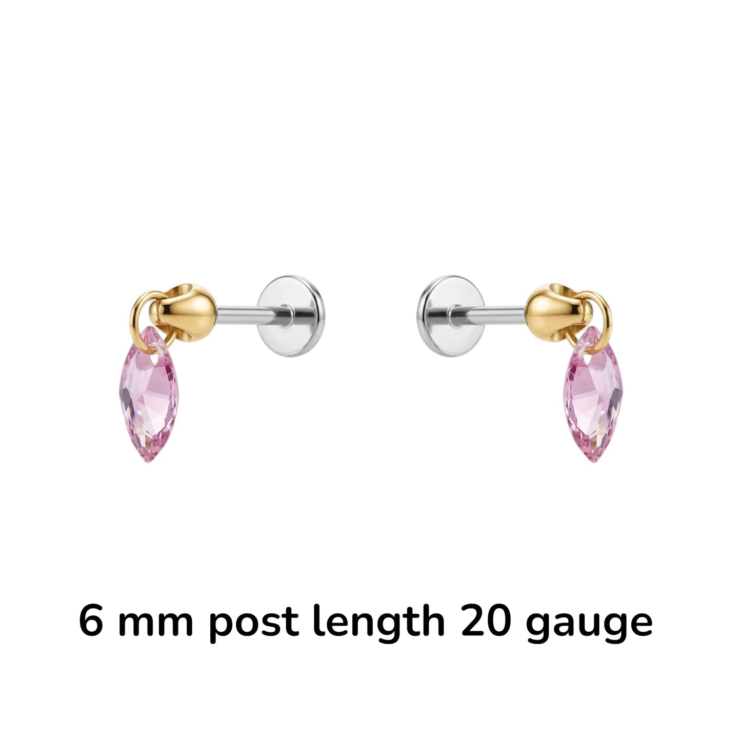 Hanging Marquise Pink flat back earrings gemstone 6 mm post length on a white background 