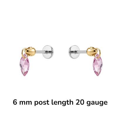 Hanging Marquise Pink flat back earrings gemstone 6 mm post length on a white background 