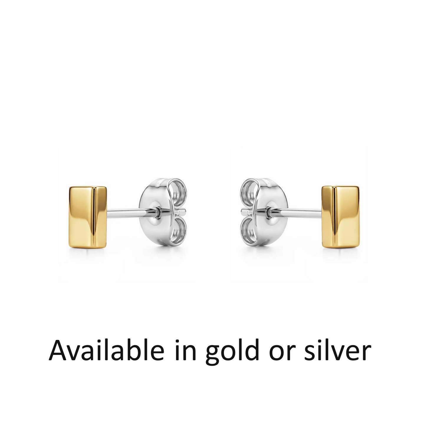 Pair of gold titanium square stud earrings on a white background with text indicating color options.