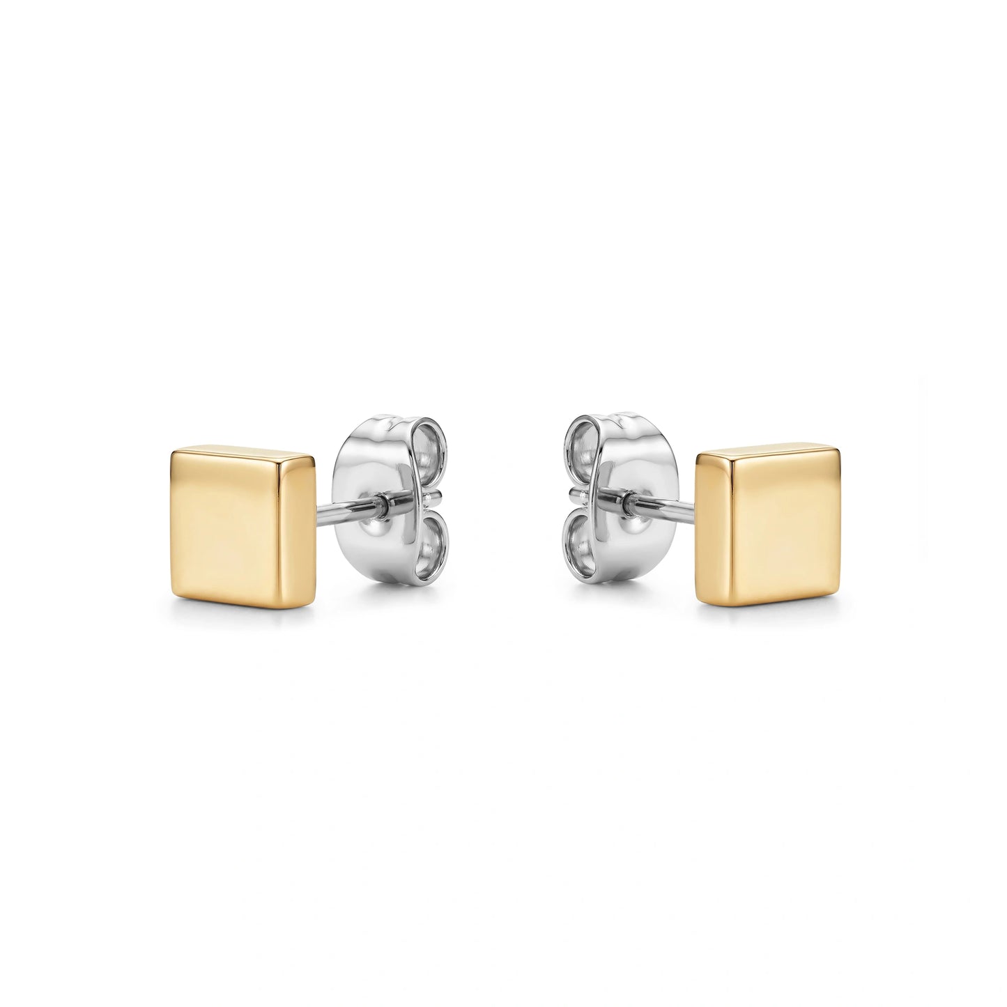 mini titanium gold square studs on a white background