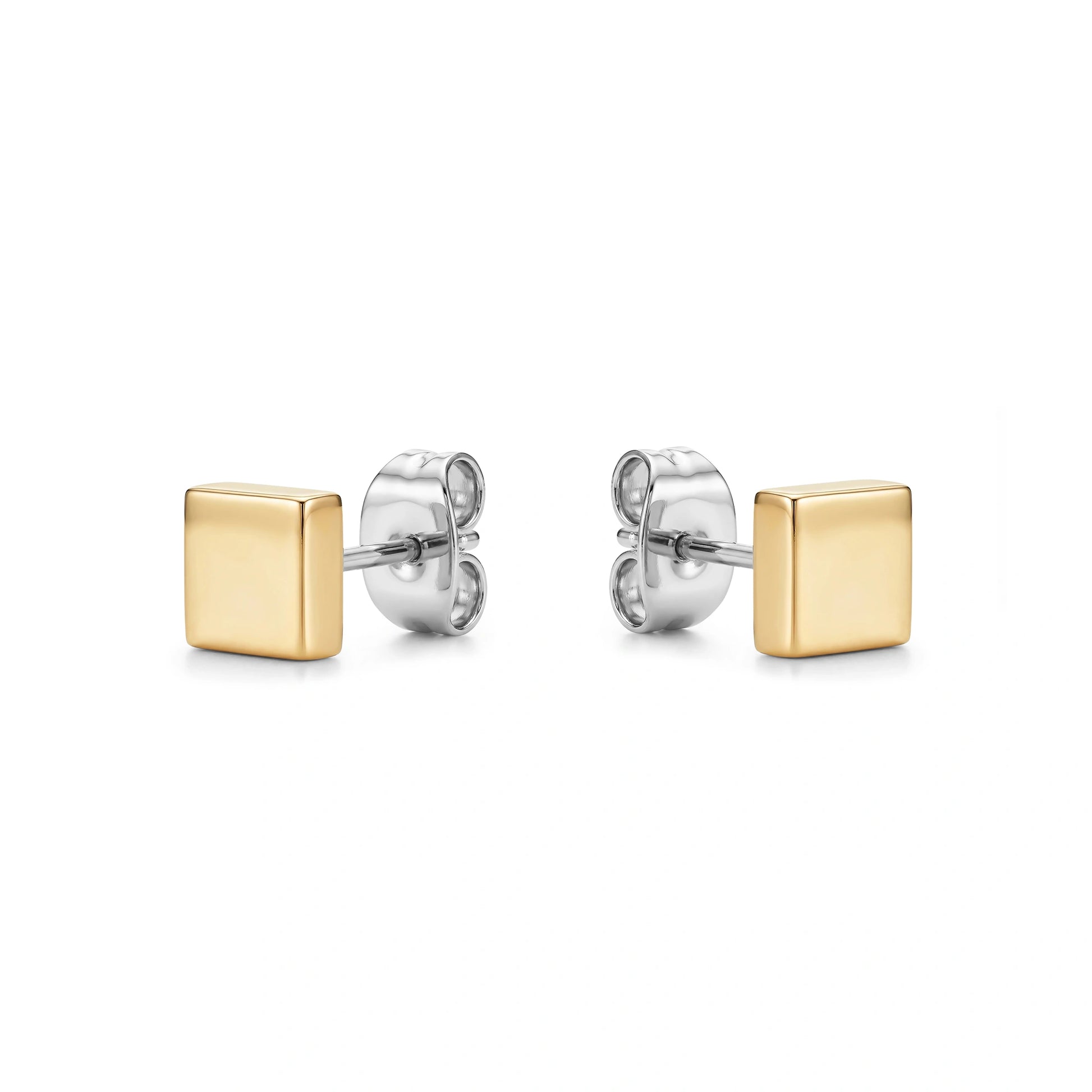 mini titanium gold square studs on a white background