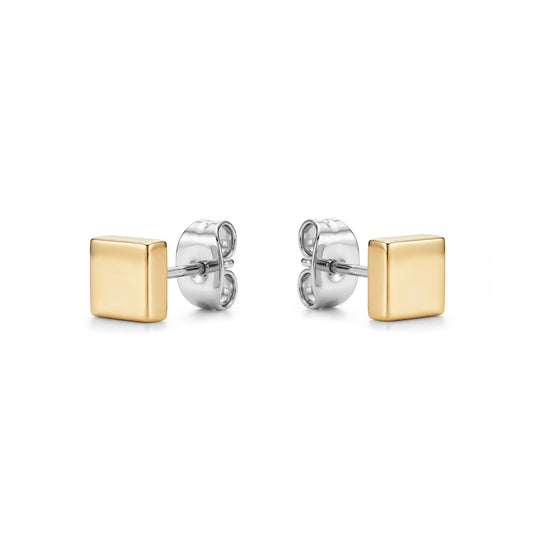 mini titanium gold square studs on a white background
