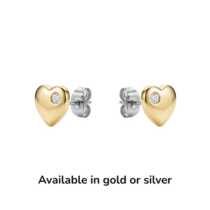 Gold or silver titanium Diamond Heart Studs on a white background