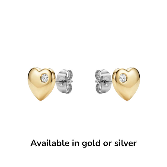 Gold or silver titanium Diamond Heart Studs on a white background